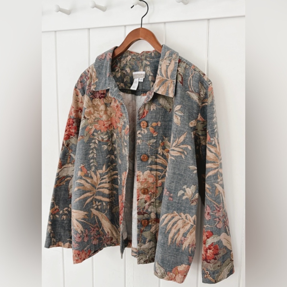 Coldwater Creek Canvas 100% Cotton Floral Jacket Muted Colorful Coastal 2X - Picture 5 of 12